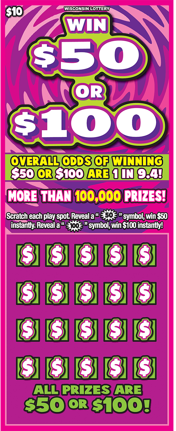 pink and purple swirly background with neon green dollar signs covering the winning numbers on scratch ticket from wisconsin lottery