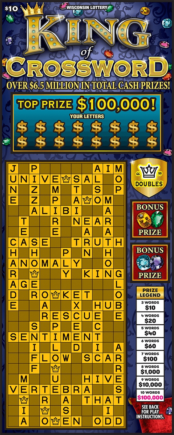 King or Queen of Crossword Scratch Game Purple background with colorful jewels around the page and a large yellow play grid on scratch ticket from wisconsin lottery