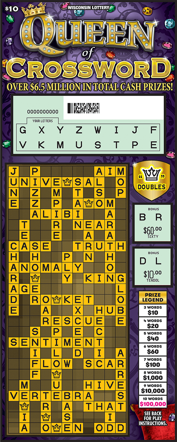 King or Queen of Crossword Scratch Game Purple background with colorful jewels around the page and a large yellow play grid on scratch ticket from wisconsin lottery