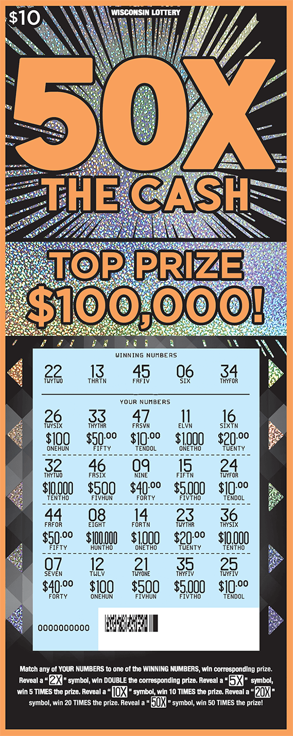 black background with sparkly silver starbursts coming from behind the name of the ticket 50x the cash in large orange print with scratched play area revealing numbers and prize amounts on ticket from wisconsin lottery 