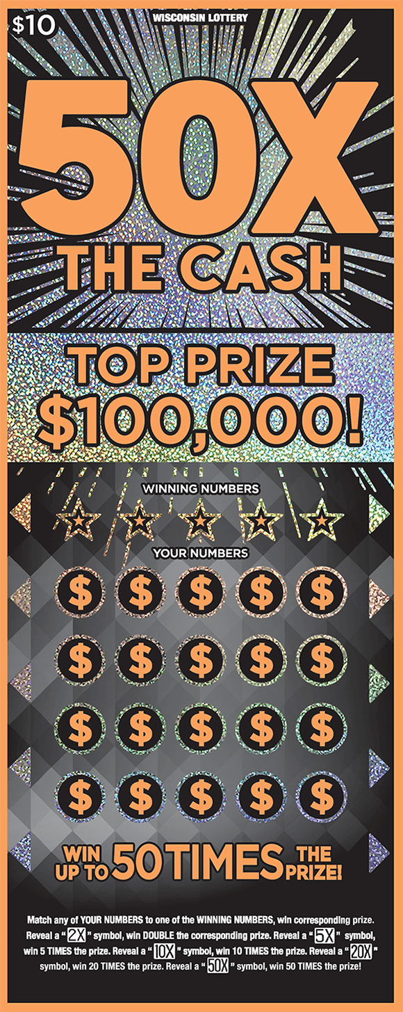 black background with sparkly silver starbursts coming from behind the name of the ticket 50x the cash in large orange print with orange dollar signs in play area on ticket from wisconsin lottery 