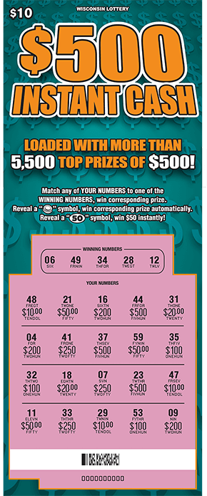$500 Instant Cash background has teal 3D dollar sign symbols in multiple rows and $500 instant cash is written in bright orange letters across the top of the ticket on scratch ticket from wisconsin lottery