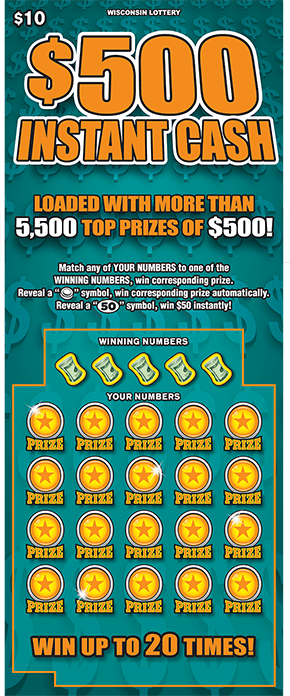 $500 Instant Cash background has teal 3D dollar sign symbols in multiple rows and $500 instant cash is written in bright orange letters across the top of the ticket on scratch ticket from wisconsin lottery