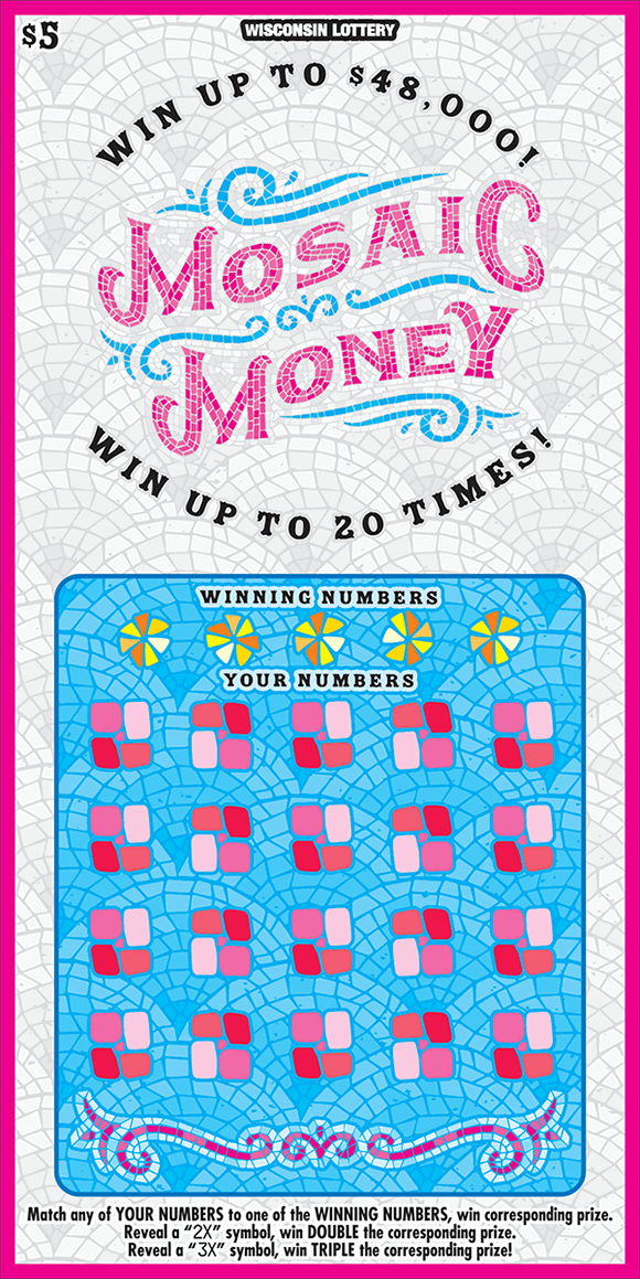 Mosaic Money Scratch Game mosaic tile style ticket with white tile background and light blue tile playing area with pink and red tiles in the playing area and a pink border around edge on ticket from the wisconsin lottery