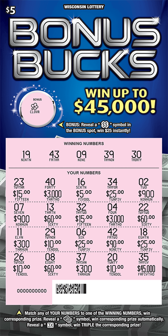Bonus Bucks Scratch Game green stacks of money in a large pile over blue background scratched to reveal numbers in play area on ticket from wisconsin lottery