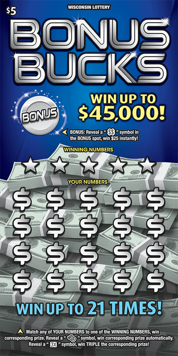 Bonus Bucks Scratch Game green stacks of money in a large pile over blue background on ticket from wisconsin lottery