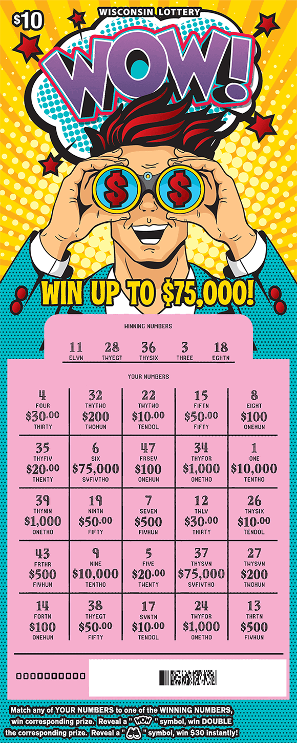 Wow! Scratch Game cartoon style drawing of man holding blue binoculars over yellow background scratched to reveal numbers in play area on ticket from wisconsin lottery