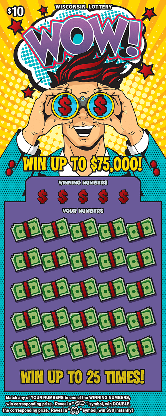 Wow! Scratch Game cartoon style drawing of man holding blue binoculars over yellow background on ticket from wisconsin lottery