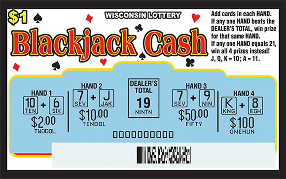 blackjack card game play style with white background with card symbols and scratched play area revealing hand totals and prize amounts on ticket from wisconsin lottery