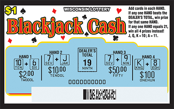 Blackjack Cash Scratch Game blackjack card game play style with white background with card symbols and scratched play area revealing hand totals and prize amounts on ticket from wisconsin lottery