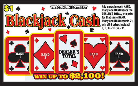 Blackjack Cash Scratch Game blackjack card game play style with white background with card symbols on ticket and white playing cards with red and yellow borders with a club spade diamond and heart on each with dealers total written on middle card on ticket from wisconsin lottery