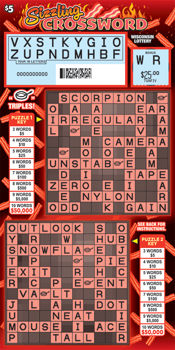 red background with bacon and flames scratched to reveal letters in the your letters area and frying pan symbols that triple the prize on sizzling crossword scratch ticket from the wisconsin lottery