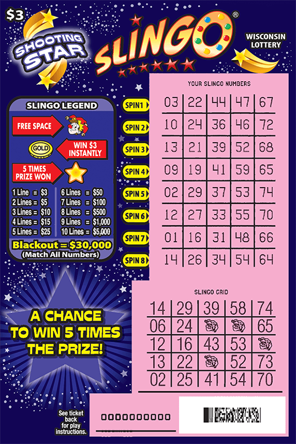 Shooting Star SLINGO® Scratch Game gold shooting stars with small silver stars on purple background scratched to reveal a pink playing area on ticket from wisconsin lottery