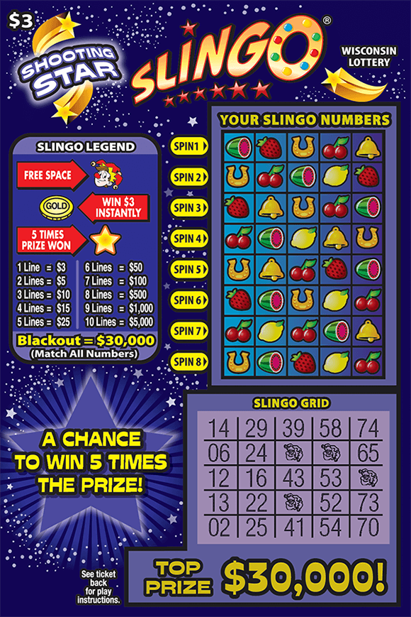 gold shooting stars with small silver stars on purple background with fruit in SLINGO® grid on ticket from wisconsin lottery