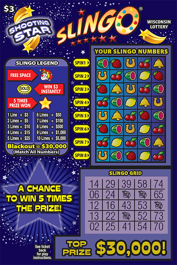 Shooting Star SLINGO® Scratch Game gold shooting stars with small silver stars on purple background with fruit in SLINGO® grid on ticket from wisconsin lottery