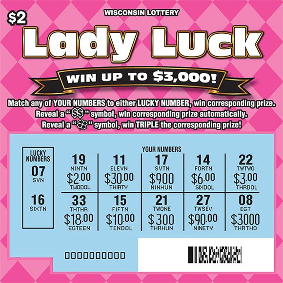 hot pink and light pink checkered pattern on background of ticket scratched to reveal numbers in the lucky numbers and your numbers in the play area on lady luck scratch ticket from the wisconsin lottery