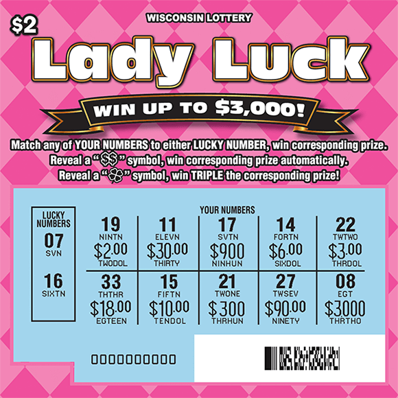 Lady Luck Scratch Game hot pink and light pink checkered pattern on background of ticket scratched to reveal numbers in the lucky numbers and your numbers in the play area on lady luck scratch ticket from the wisconsin lottery