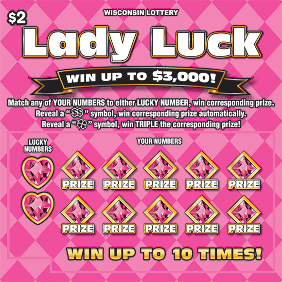 hot pink and light pink checkered pattern on background of ticket with pink heart diamonds over the lucky numbers and pink diamonds in the play area on lady luck scratch ticket from the wisconsin lottery