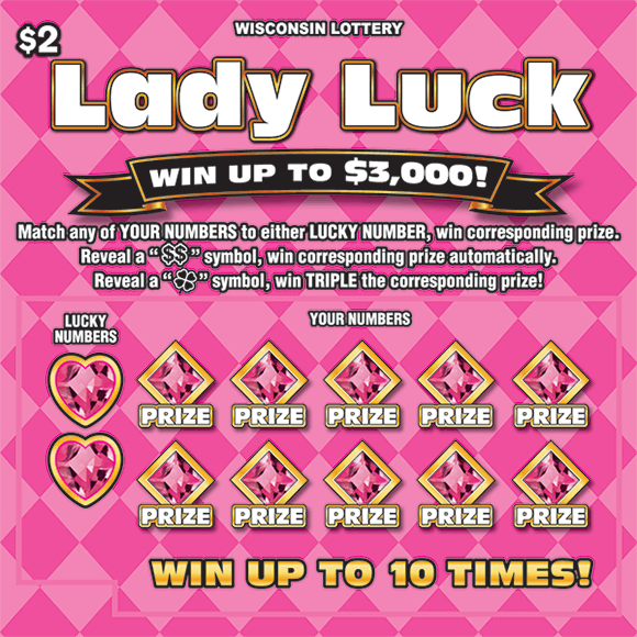 Lady Luck Scratch Game hot pink and light pink checkered pattern on background of ticket with pink heart diamonds over the lucky numbers and pink diamonds in the play area on lady luck scratch ticket from the wisconsin lottery