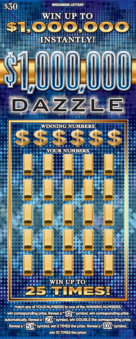 dark and light blue gradient background with polka dots and gold dollar signs with gold bars in the play area on scratch ticket from wisconsin lottery