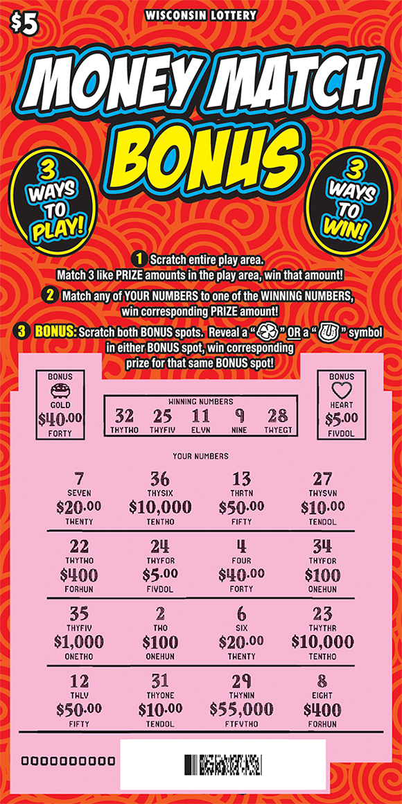 Money Match Bonus Scratch Game red background with yellow swirls with game instructions and scratched play area to reveal winning numbers and prize amounts on scratch ticket from wisconsin lottery