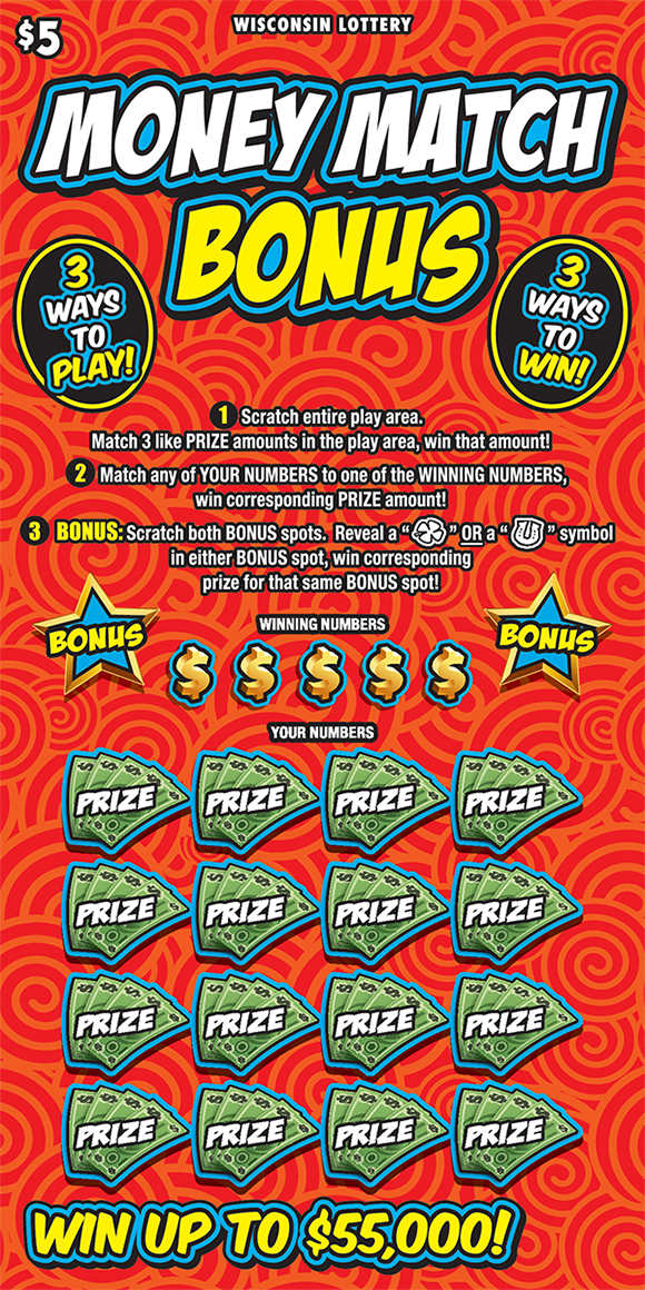 Money Match Bonus Scratch Game red background with yellow swirls with stars and dollar signs along with stacks of dollar bills in play area on scratch ticket from wisconsin lottery