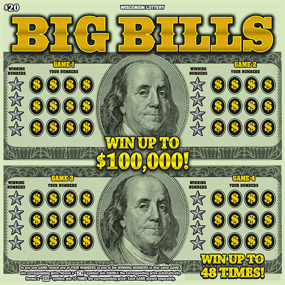 oversized ticket with green background and four separate key number match games over two hundred dollar bills with big bills in big bubble letters and orange text at the top on scratch ticket from wisconsin lottery