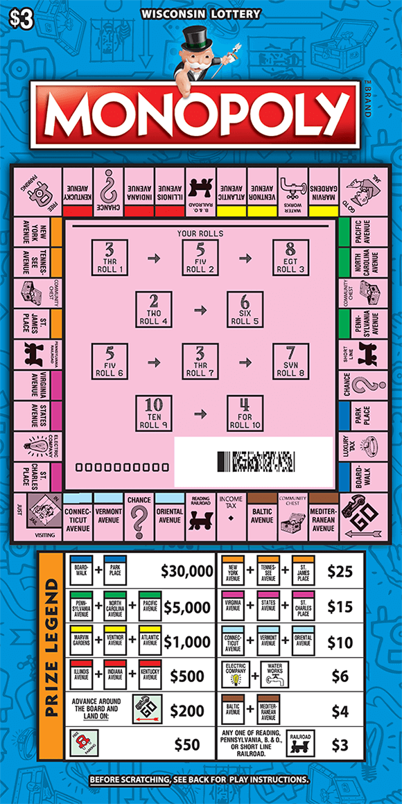 Monopoly Scratch Game monopoly game extended play ticket with a full monopoly board on front of ticket scratched to reveal rolls and board along with prize legend below board listing prize amounts for landing on various spaces on the board on monopoly ticket from wisconsin lottery