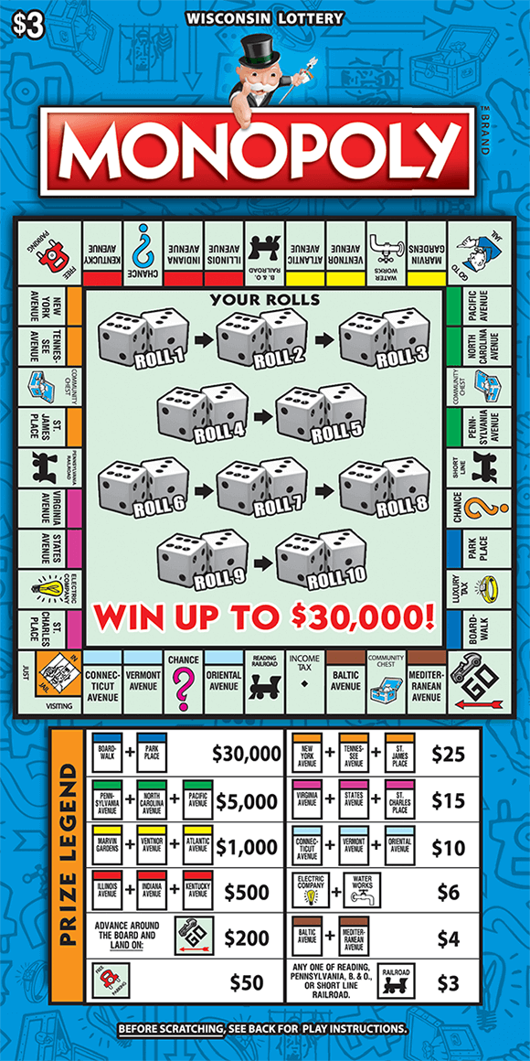 monopoly game extended play ticket with a full monopoly board on front of ticket along with prize legend below board listing prize amounts for landing on various spaces on the board on monopoly ticket from wisconsin lottery
