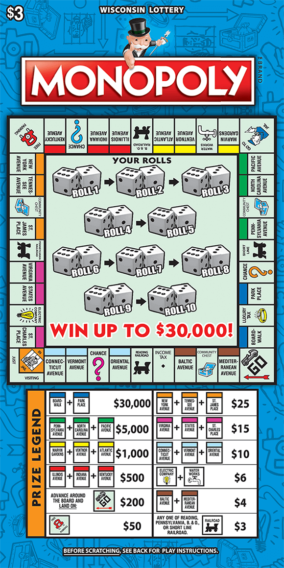 Monopoly Scratch Game monopoly game extended play ticket with a full monopoly board on front of ticket along with prize legend below board listing prize amounts for landing on various spaces on the board on monopoly ticket from wisconsin lottery
