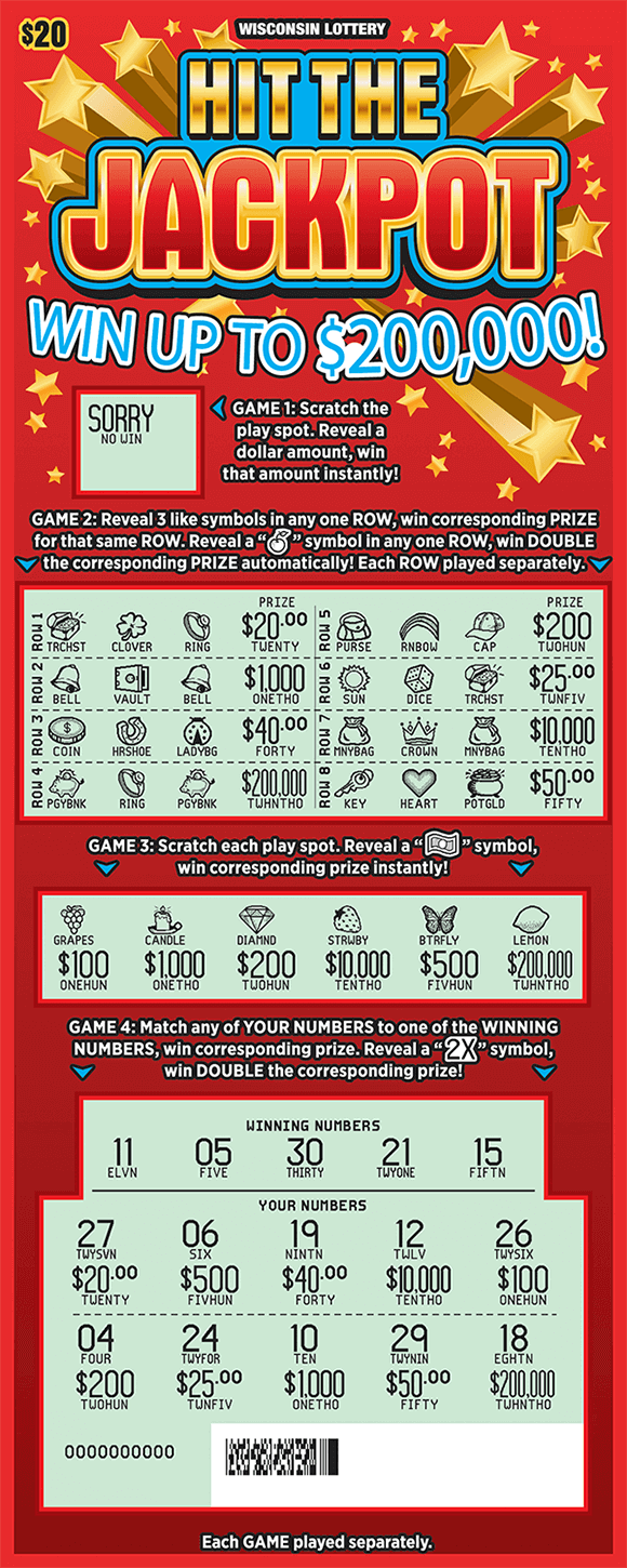 Hit the Jackpot Scratch Game red ticket with stars that has four separate games all scratched to reveal numbers and symbols in play areas on scratch ticket from wisconsin lottery