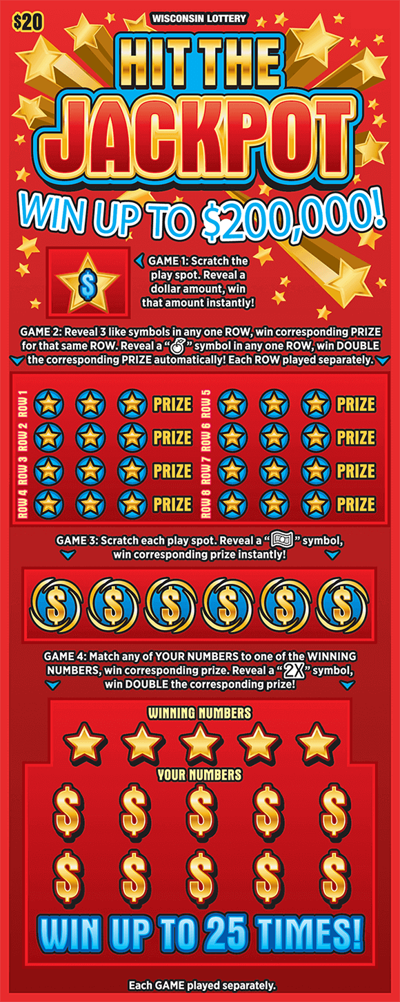 Hit the Jackpot Scratch Game red ticket with stars that has four separate games with blue and gold accents in play areas on scratch ticket from wisconsin lottery