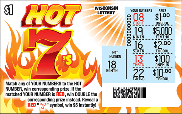 white background with red and orange flames coming up from the bottom with play area scratched on right side revealing numbers and prize amounts on hot 7s scratch ticket from wisconsin lottery