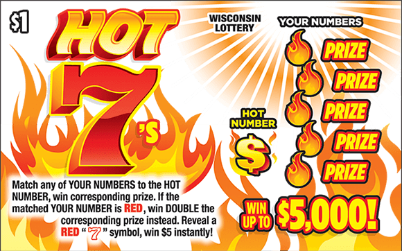 white background with red and orange flames coming up from the bottom with the play area to the right showing red fireballs going top to bottom on the ticket with prize written next to each one on hot 7s scratch ticket from wisconsin lottery