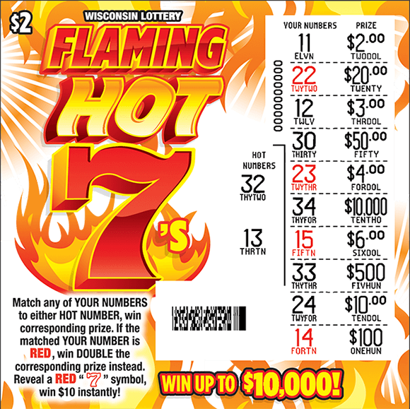 white background with red and orange flames coming from the top and bottom and scratched play area revealing numbers and prize amounts on flaming hot 7's scratch ticket from wisconsin lottery 