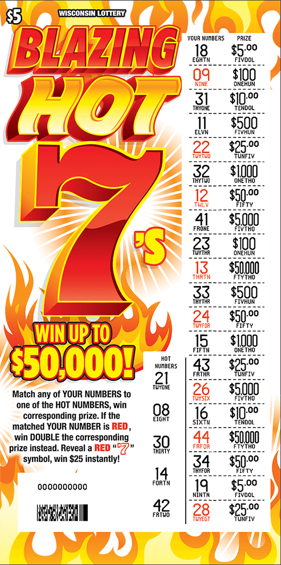 white background with red and orange flames coming from the top and bottom towards each other with blazing hot 7s written in large red and orange text to the left scratched to reveal numbers and prize amounts on right side of scratch ticket from wisconsin lottery