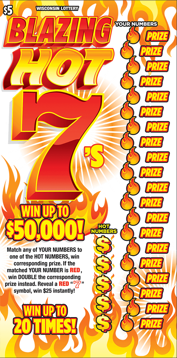 white background with red and orange flames coming from the top and bottom towards each other with blazing hot 7s written in large red and orange text to the left with the play area to the right having fireballs with prize written next to each one going top to bottom on scratch ticket from wisconsin lottery