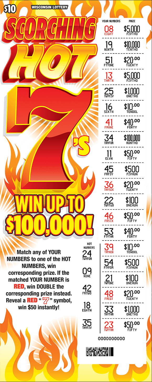 Scorching Hot 7's Scratch Game white background with red and orange flames coming from the top and bottom with scorching hot 7s written in large orange and red text to the left with play area scratched to reveal numbers and prize amounts on scratch ticket from wisconsin lottery