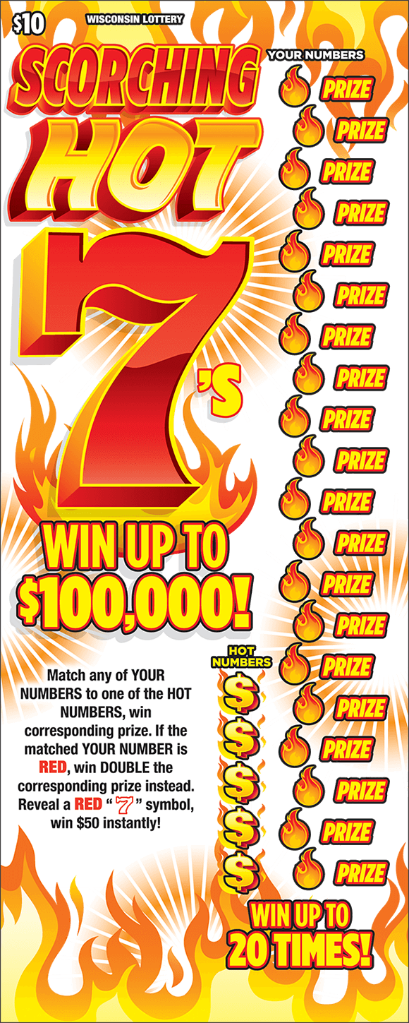 Scorching Hot 7's Scratch Game white background with red and orange flames coming from the top and bottom with scorching hot 7s written in large orange and red text to the left with play area on the right having fireballs with prize written next to each one going top to bottom on scratch ticket from wisconsin lottery