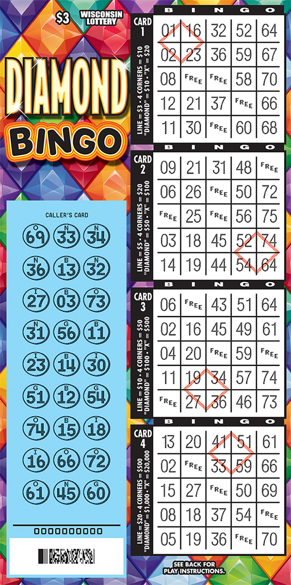 Diamond Bingo Scratch Game bingo game with four bingo cards scratched on right side of ticket with colorful diamonds on the left side scratched to reveal numbers in callers card on scratch ticket from wisconsin lottery
