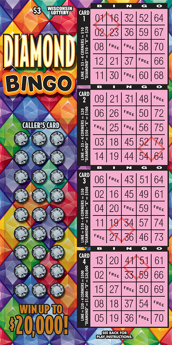 Diamond Bingo Scratch Game bingo game with four bingo cards on right side of ticket with colorful diamonds on left and small circle silver diamonds in callers card area on scratch ticket from wisconsin lottery