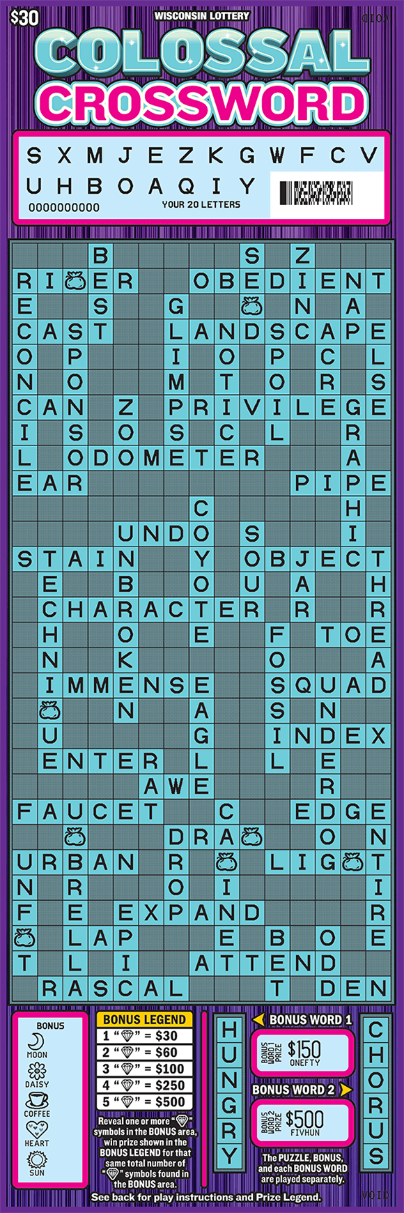 purple and black background that looks like barcode with teal crossword grid scratched to reveal letters in your letters area and bonus area on scratch ticket from wisconsin lottery