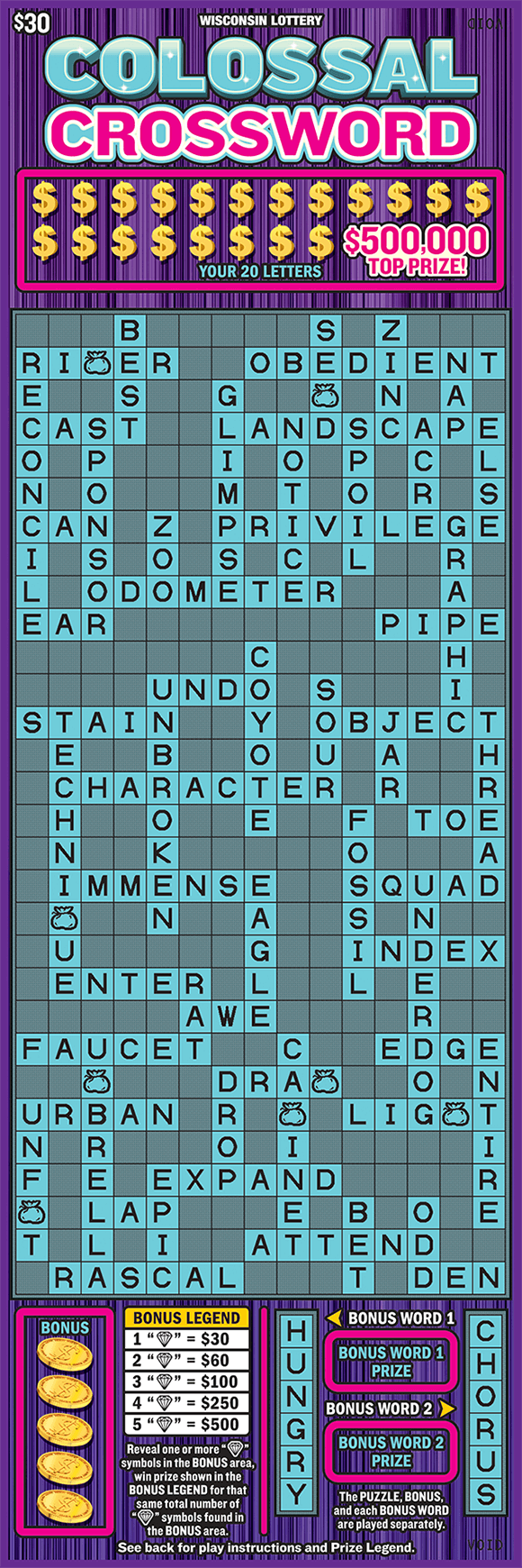 purple and black background that looks like barcode with teal crossword grid and gold dollar signs in your letters area on scratch ticket from wisconsin lottery