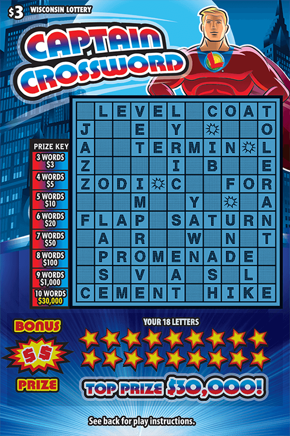 blue cityscape background on crossword ticket with american superhero in red suit with lottery logo wearing a cape and red white and blue lettering with stars covering letters in your letters area on scratch ticket from wisconsin lottery