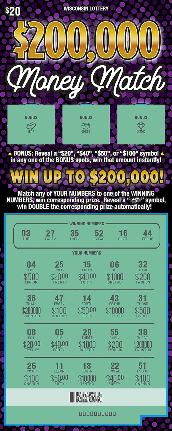 $200,000 Money Match Scratch Game various shades of purple polka dots on background of ticket with three scratched bonus areas at the top with a scratched play area below revealing numbers and prize amounts on scratch ticket from wisconsin lottery