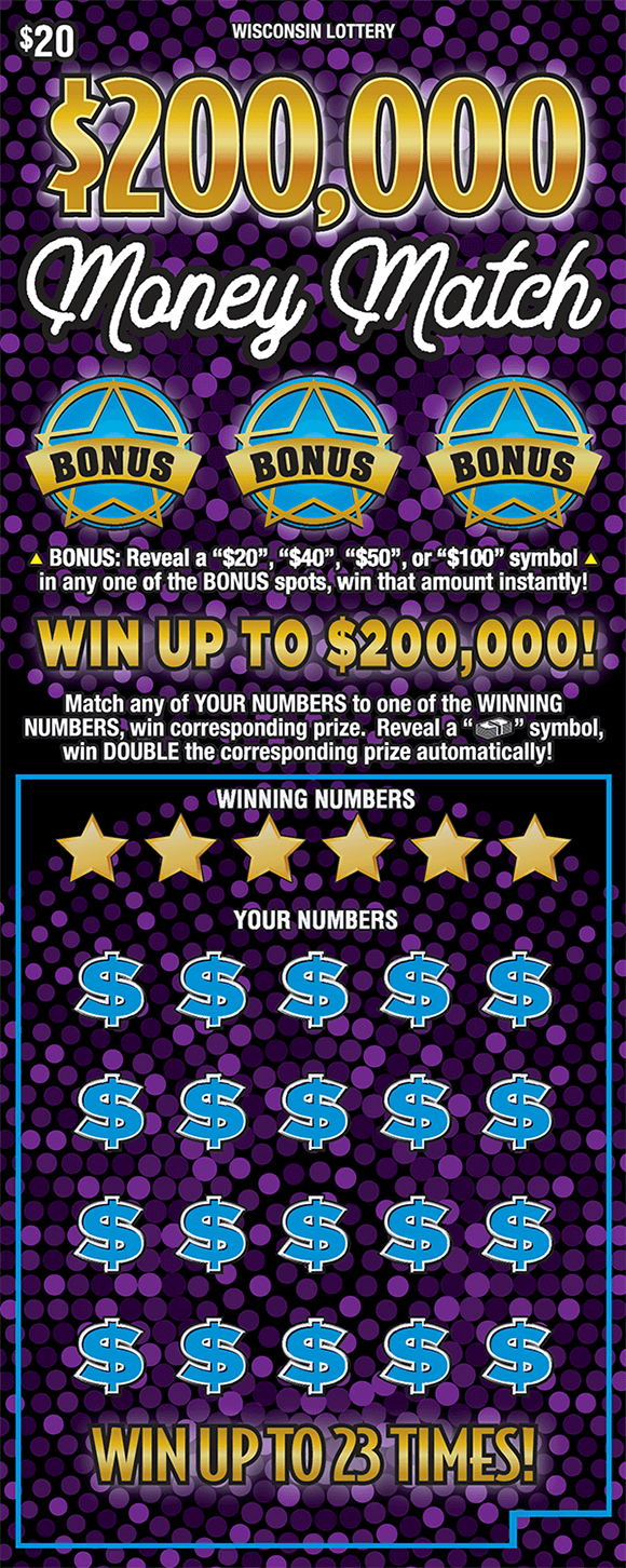 $200,000 Money Match Scratch Game various shades of purple polka dots on background of ticket with three blue bonus areas at the top with gold detailing and a play area below with gold stars over the winning numbers and blue dollar signs in play area on scratch ticket from wisconsin lottery