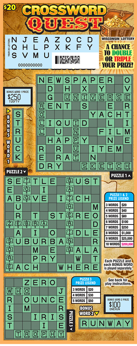 treasure map crossword ticket designed to look like an old scroll with a chest of gold coins in the top right corner scratched to reveal letters in the your letters play area and crossword grids on scratch ticket from wisconsin lottery