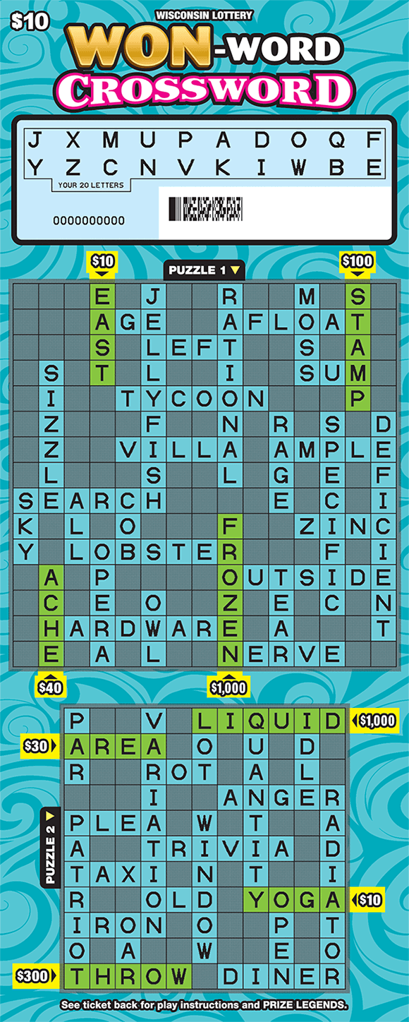 Won-Word Crossword Scratch Ticket light and dark teal swirls on background of crossword ticket scratched to reveal the letters in your letters area and two crossword puzzles below on scratch ticket from wisconsin lottery