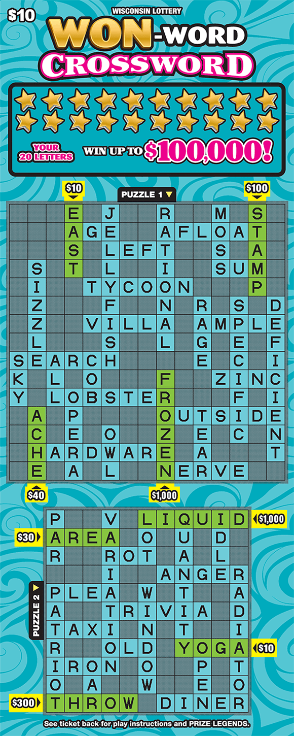 Won-Word Crossword Scratch Ticket light and dark teal swirls on background of crossword ticket with gold stars in the your letters area and two teal crossword puzzles on scratch ticket from wisconsin lottery