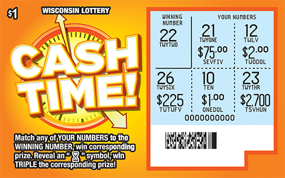 Cash Time Scratch Game orange background with a clock behind ticket name scratched to reveal winning numbers and corresponding prize amounts on scratch ticket from wisconsin lottery